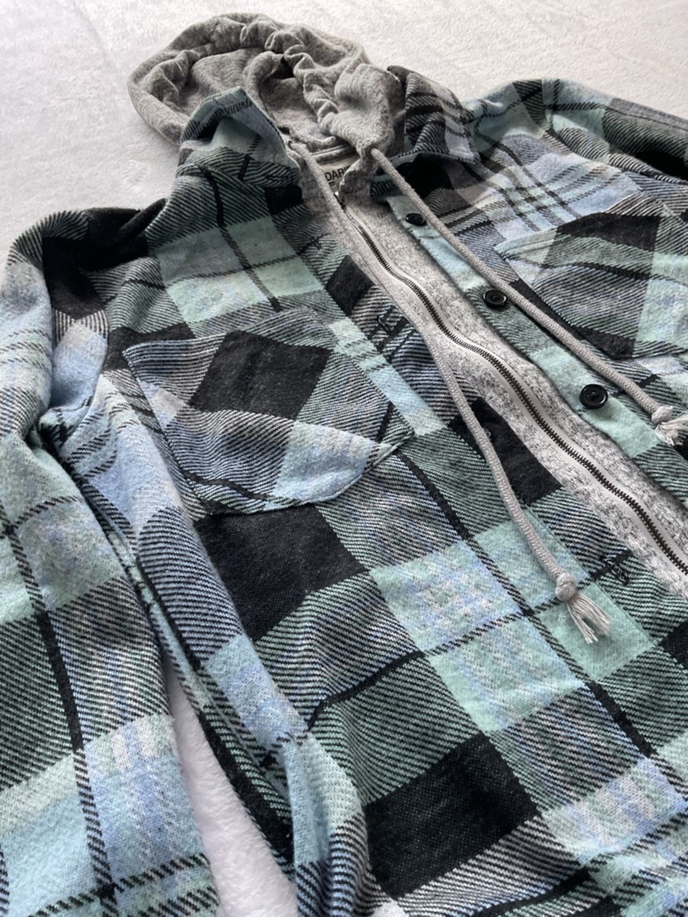 No Boundaries Plaid Hooded Jacket Shacket Blue Gray Women Large Cozy - Picture 9 of 10